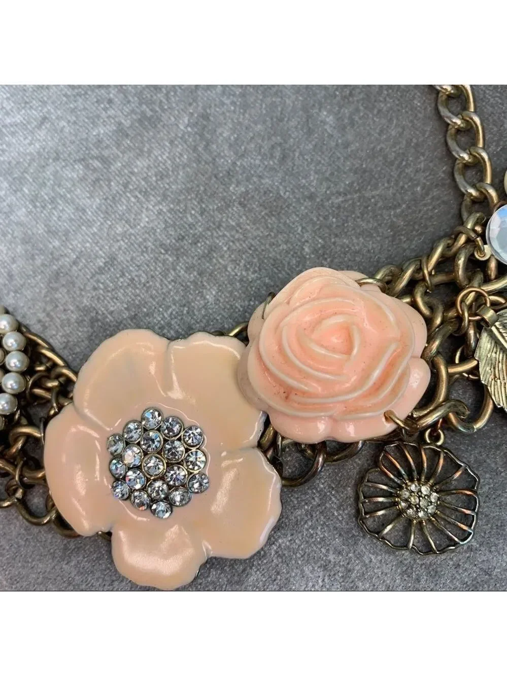 PEACH pink cream floral flower faux pearl leaf chunky statement necklace prom - Picture 7 of 10